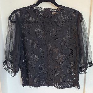 Peach Couture Black Lace Zip Back Short Sleeve Top